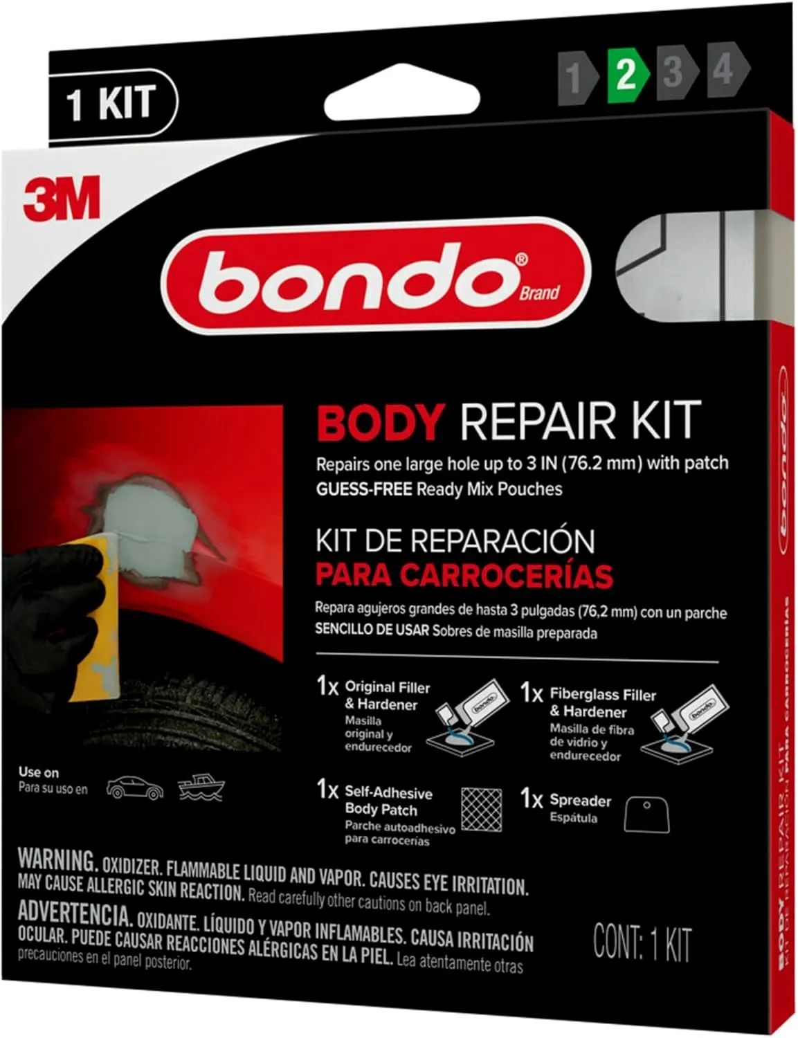 Bondo Body Repair Kit Ready Mix Pouches, Repairs One Large Hole Up to 3" with Patch, 1 Original Filler & Hardener, 1 Fiberglass Filler & Hardener, 1 Self-Adhesive Body Patch, 1 Spreader (BRKIT-2PK-ES)