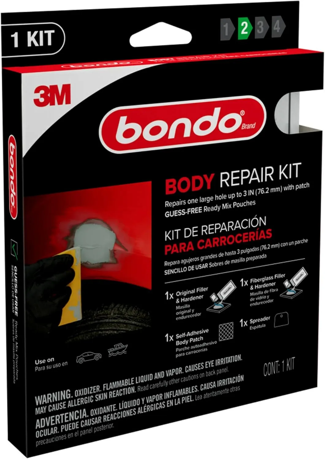 Bondo Body Repair Kit Ready Mix Pouches, Repairs One Large Hole Up to 3" with Patch, 1 Original Filler & Hardener, 1 Fiberglass Filler & Hardener, 1 Self-Adhesive Body Patch, 1 Spreader (BRKIT-2PK-ES)