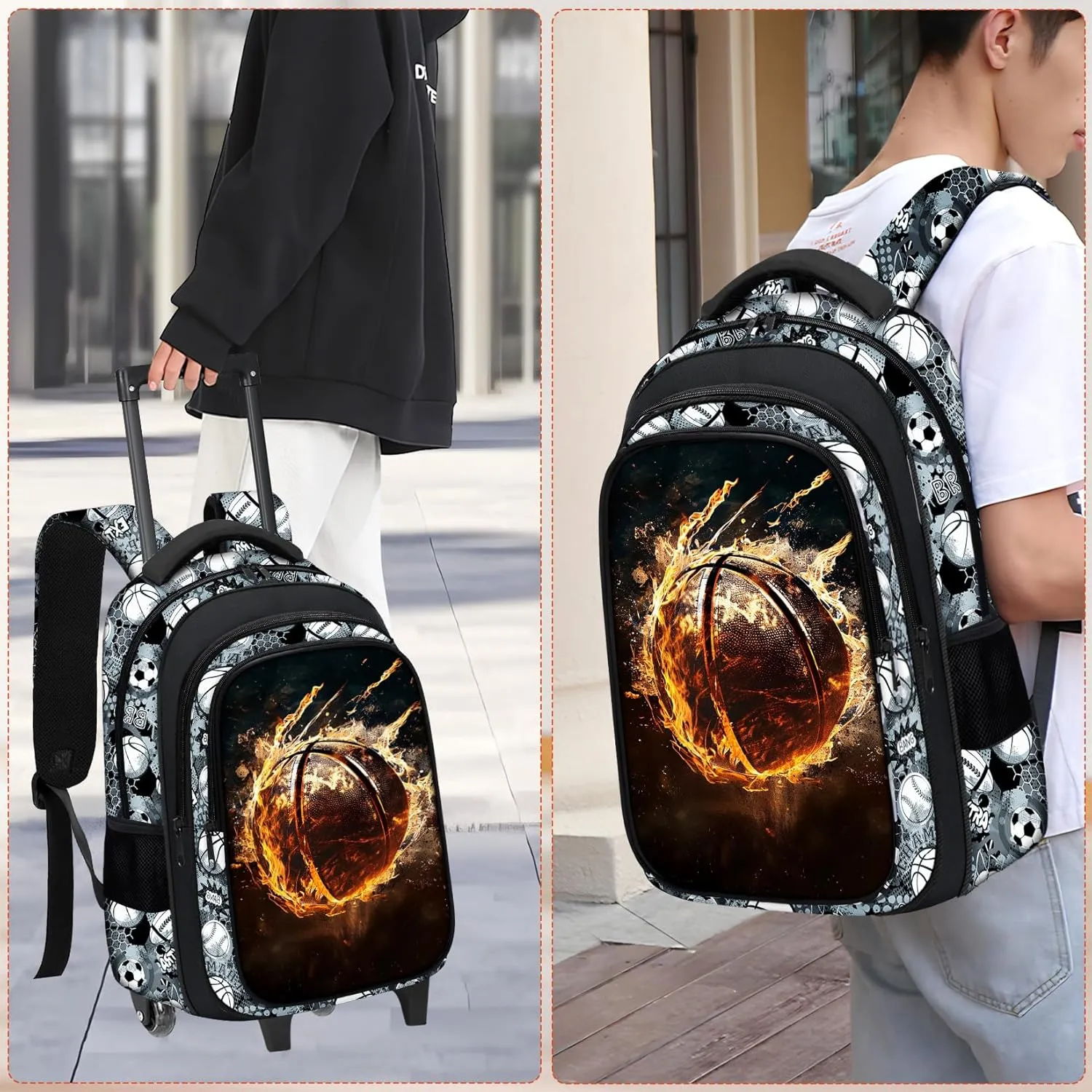 Boys Rolling Backpack for Kids - Basketball Kids Rolling Backpack with Wheels for Elementary Middle School Students - Sport Roller School Bookbag Aged 6-18, Wheeled Travel Bag Large Capacity