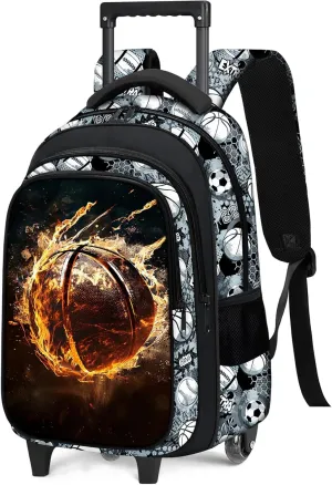 Boys Rolling Backpack for Kids - Basketball Kids Rolling Backpack with Wheels for Elementary Middle School Students - Sport Roller School Bookbag Aged 6-18, Wheeled Travel Bag Large Capacity