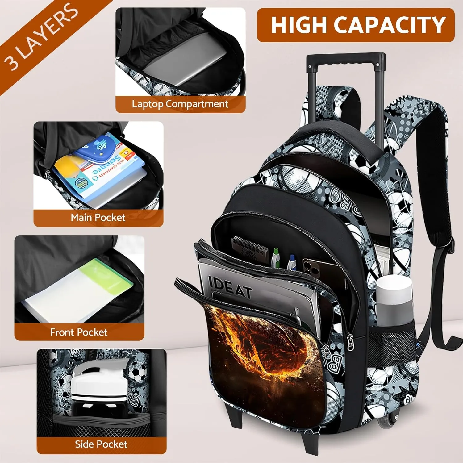 Boys Rolling Backpack for Kids - Basketball Kids Rolling Backpack with Wheels for Elementary Middle School Students - Sport Roller School Bookbag Aged 6-18, Wheeled Travel Bag Large Capacity
