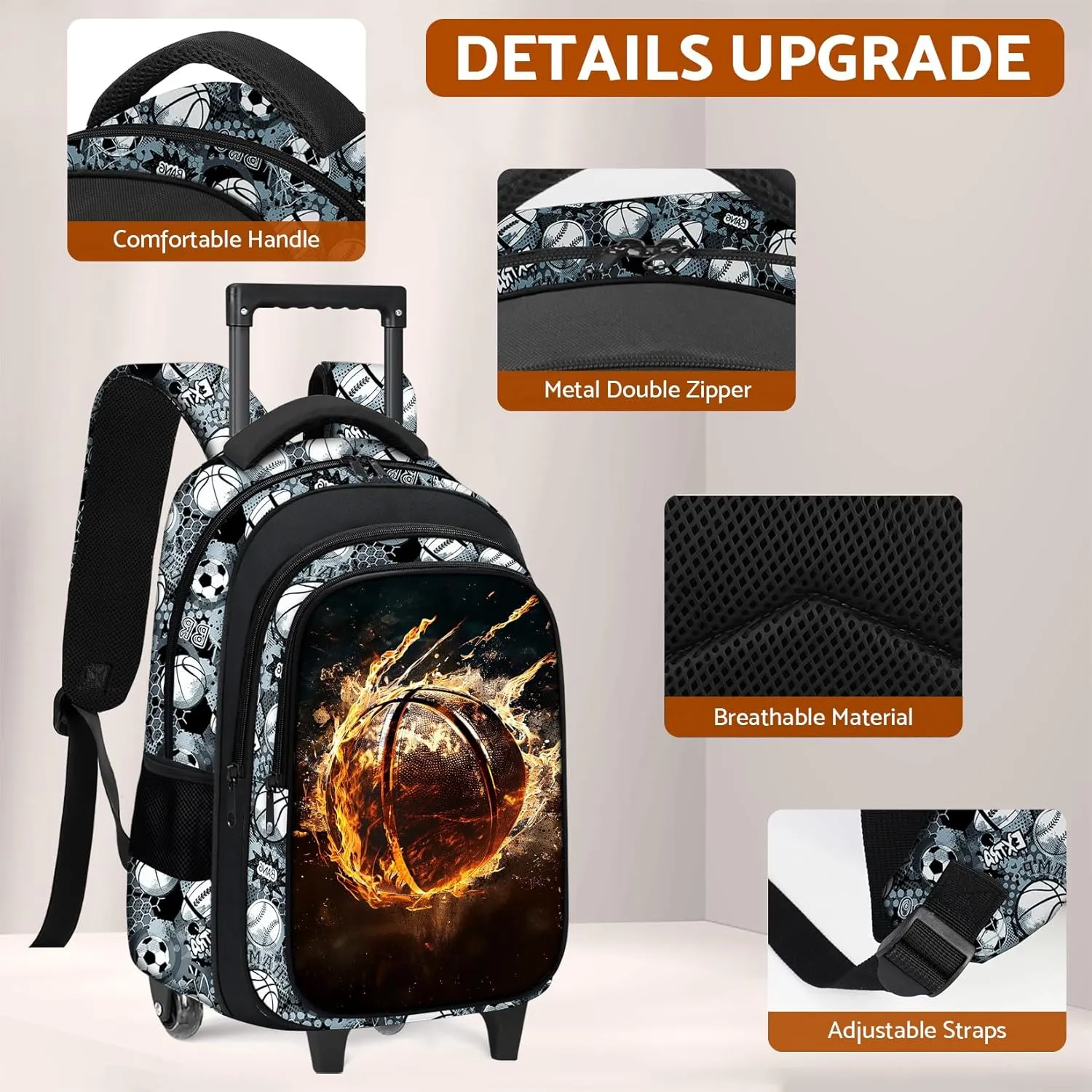 Boys Rolling Backpack for Kids - Basketball Kids Rolling Backpack with Wheels for Elementary Middle School Students - Sport Roller School Bookbag Aged 6-18, Wheeled Travel Bag Large Capacity