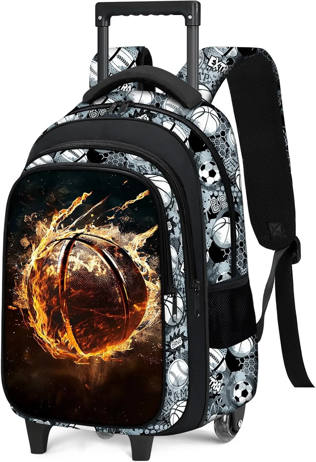 Boys Rolling Backpack for Kids - Basketball Kids Rolling Backpack with Wheels for Elementary Middle School Students - Sport Roller School Bookbag Aged 6-18, Wheeled Travel Bag Large Capacity