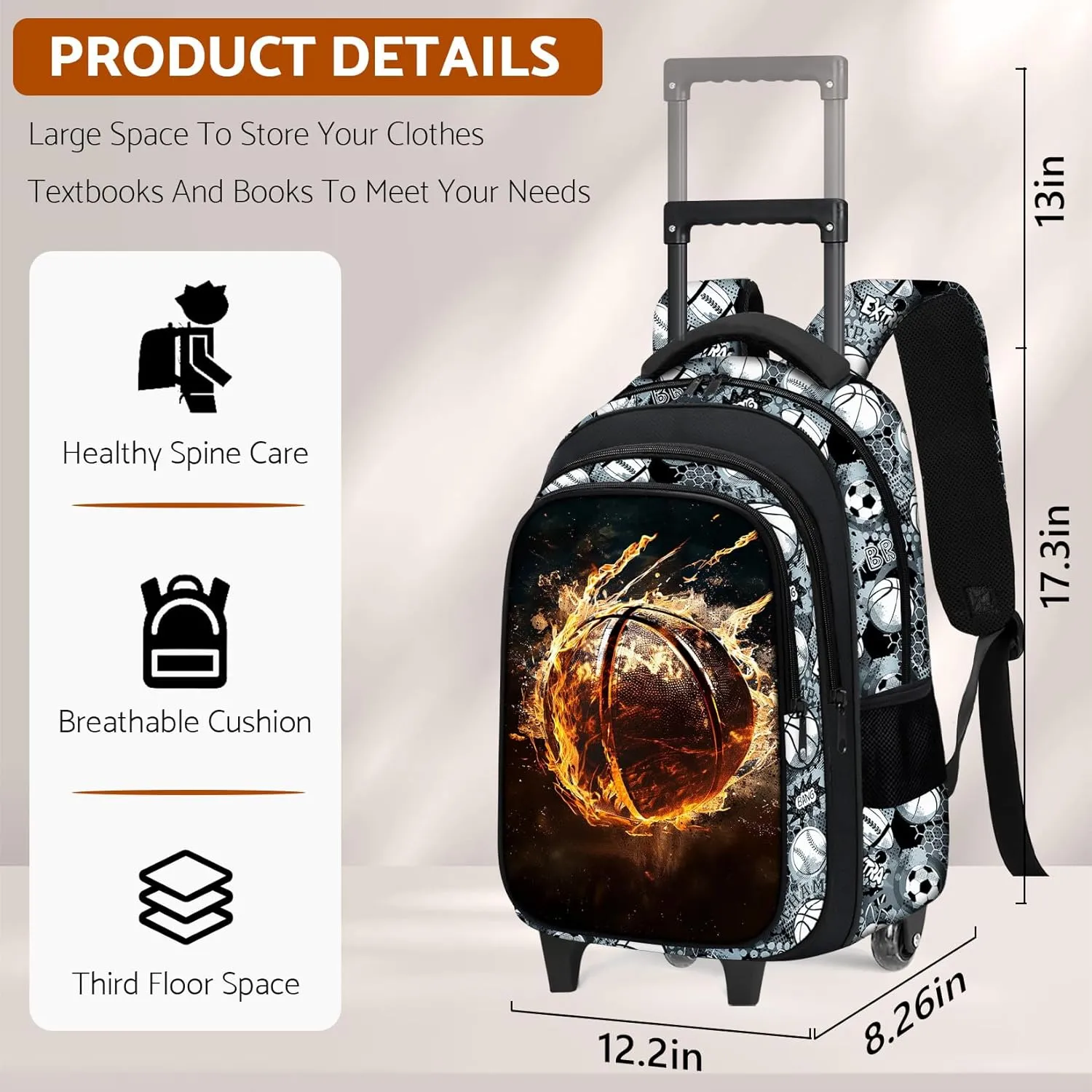 Boys Rolling Backpack for Kids - Basketball Kids Rolling Backpack with Wheels for Elementary Middle School Students - Sport Roller School Bookbag Aged 6-18, Wheeled Travel Bag Large Capacity