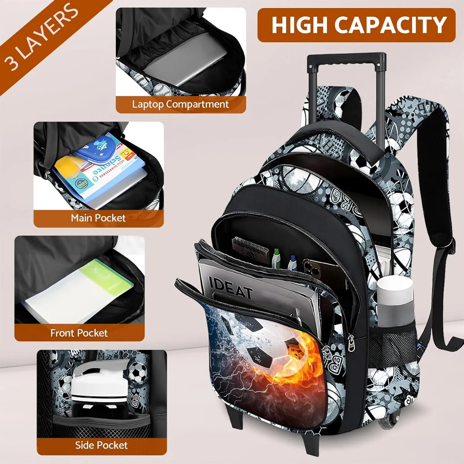 Boys Rolling Backpack for Kids - Soccer Kids Rolling Backpack with Wheels for Elementary Middle School Students - Sport Roller School Bookbag Aged 6-18, Wheeled Travel Bag Large Capacity