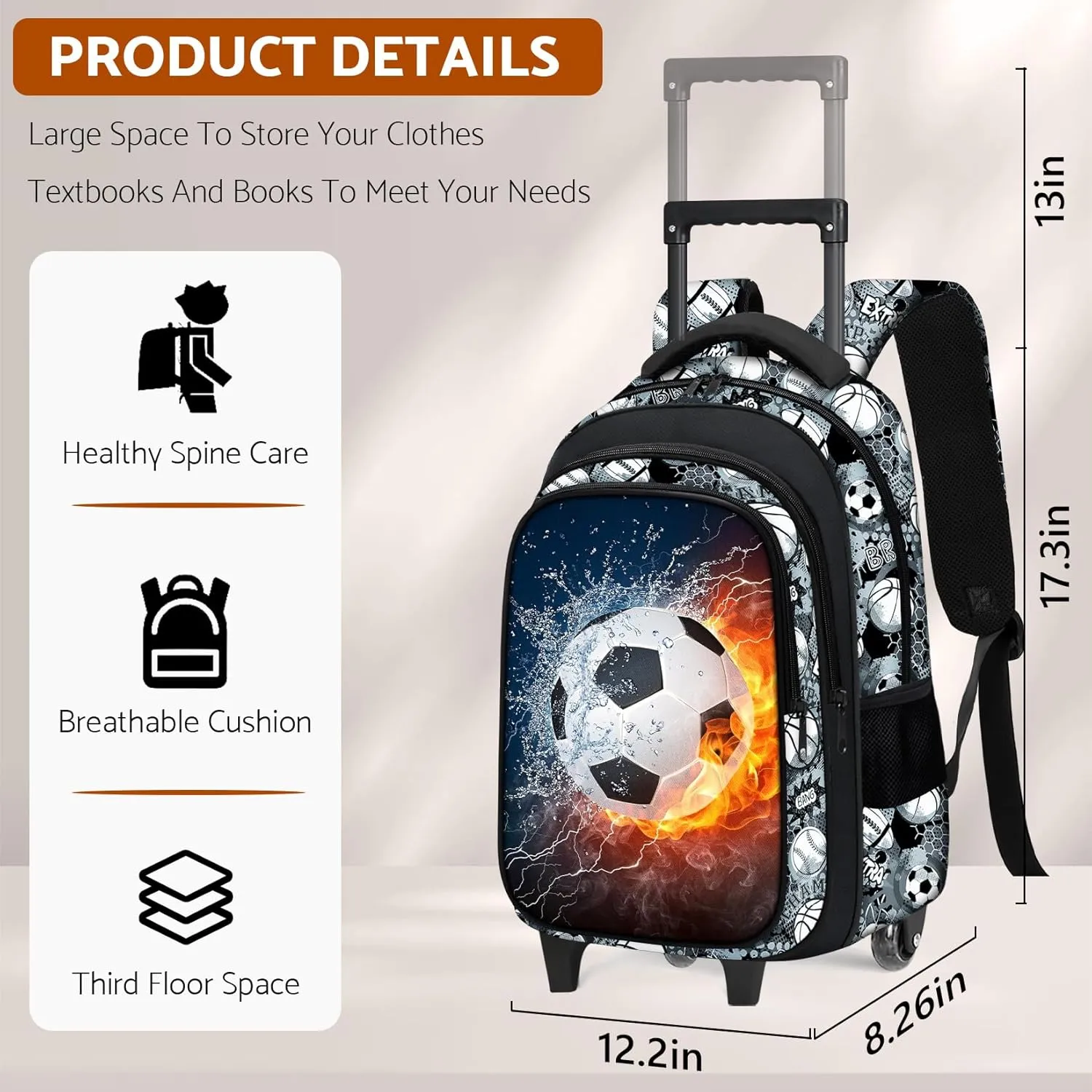 Boys Rolling Backpack for Kids - Soccer Kids Rolling Backpack with Wheels for Elementary Middle School Students - Sport Roller School Bookbag Aged 6-18, Wheeled Travel Bag Large Capacity