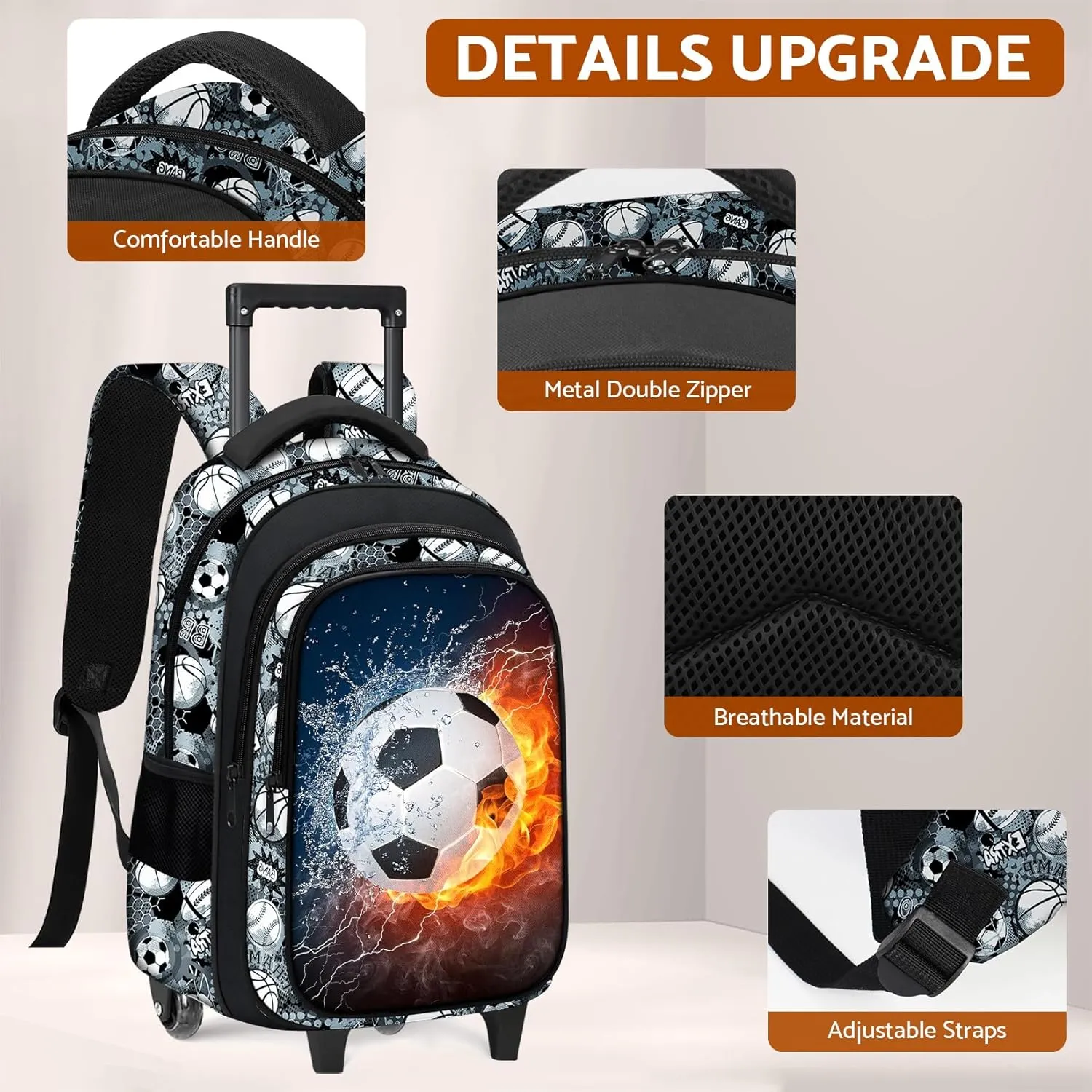 Boys Rolling Backpack for Kids - Soccer Kids Rolling Backpack with Wheels for Elementary Middle School Students - Sport Roller School Bookbag Aged 6-18, Wheeled Travel Bag Large Capacity