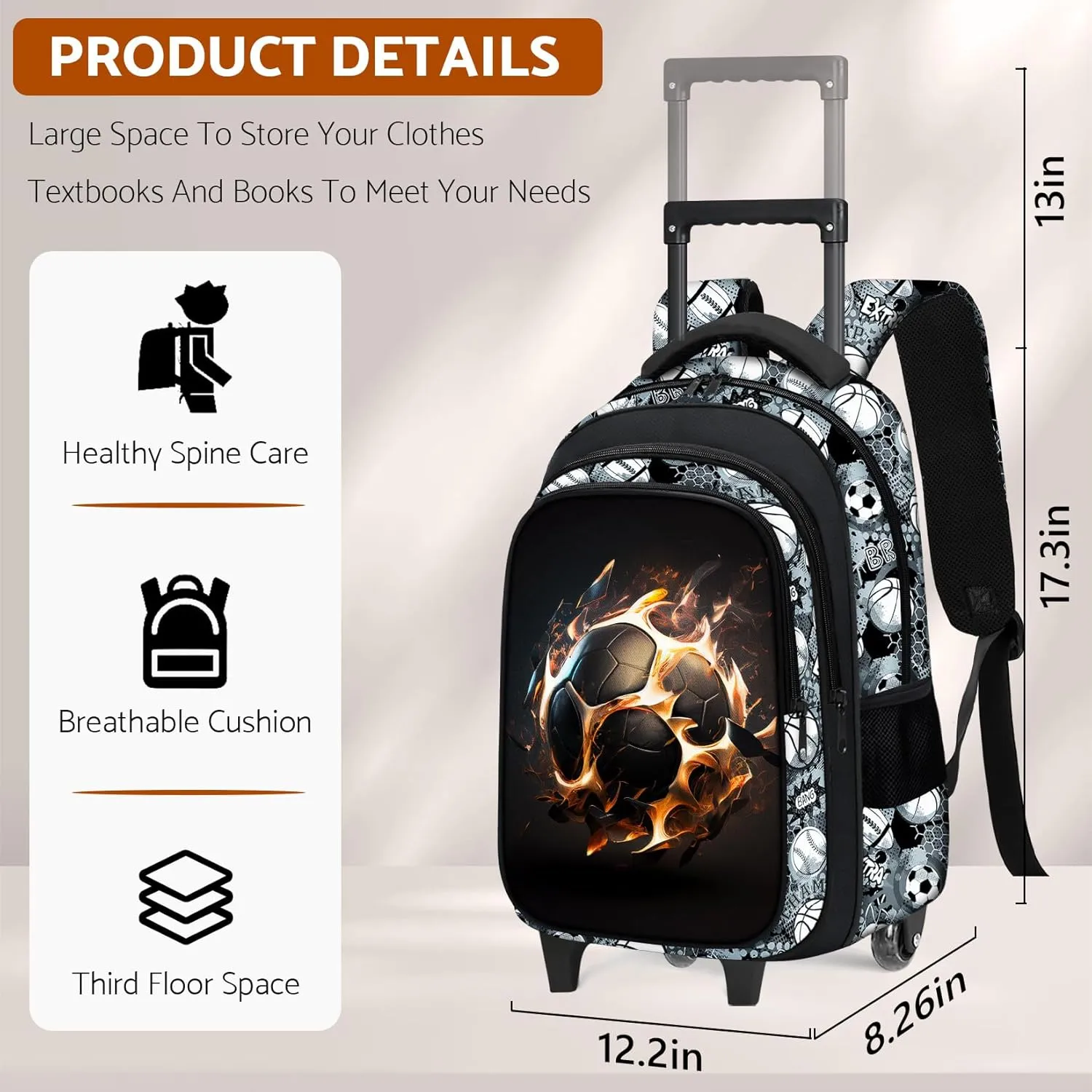 Boys Rolling Backpack for Kids - Soccer Kids Rolling Backpack with Wheels for Elementary Middle School Students - Sport Roller School Bookbag Aged 6-18, Wheeled Travel Bag Large Capacity