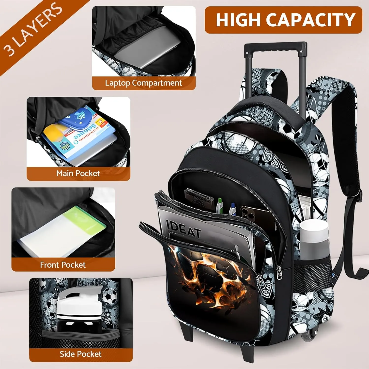Boys Rolling Backpack for Kids - Soccer Kids Rolling Backpack with Wheels for Elementary Middle School Students - Sport Roller School Bookbag Aged 6-18, Wheeled Travel Bag Large Capacity