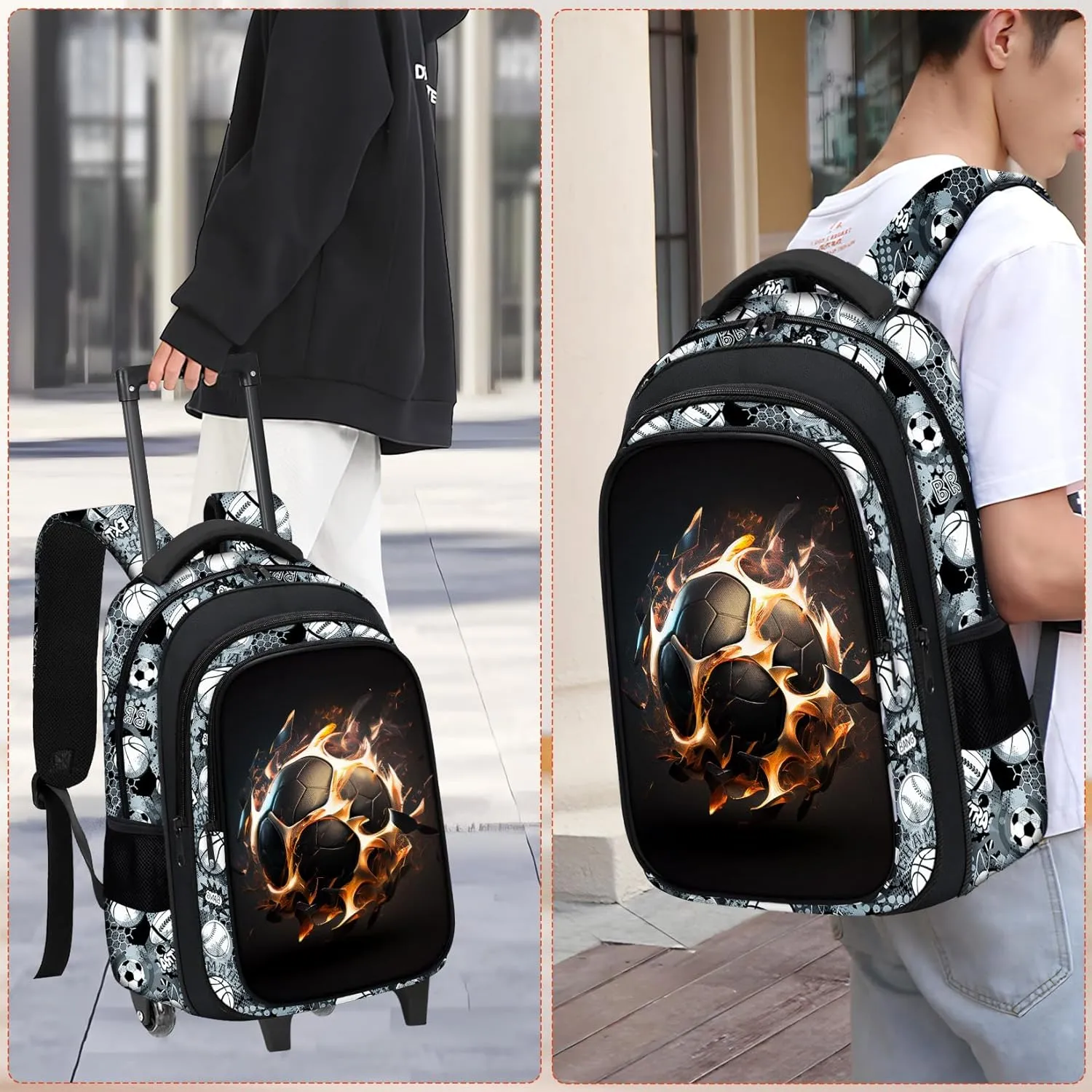 Boys Rolling Backpack for Kids - Soccer Kids Rolling Backpack with Wheels for Elementary Middle School Students - Sport Roller School Bookbag Aged 6-18, Wheeled Travel Bag Large Capacity