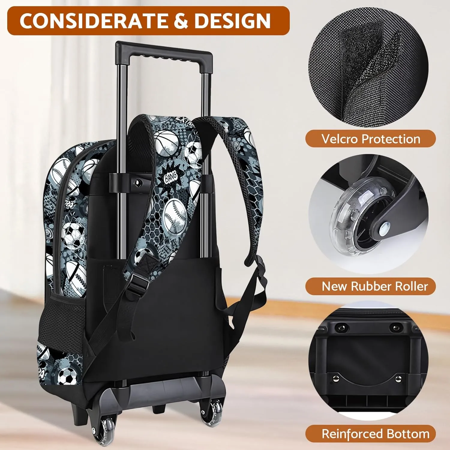 Boys Rolling Backpack for Kids - Soccer Kids Rolling Backpack with Wheels for Elementary Middle School Students - Sport Roller School Bookbag Aged 6-18, Wheeled Travel Bag Large Capacity