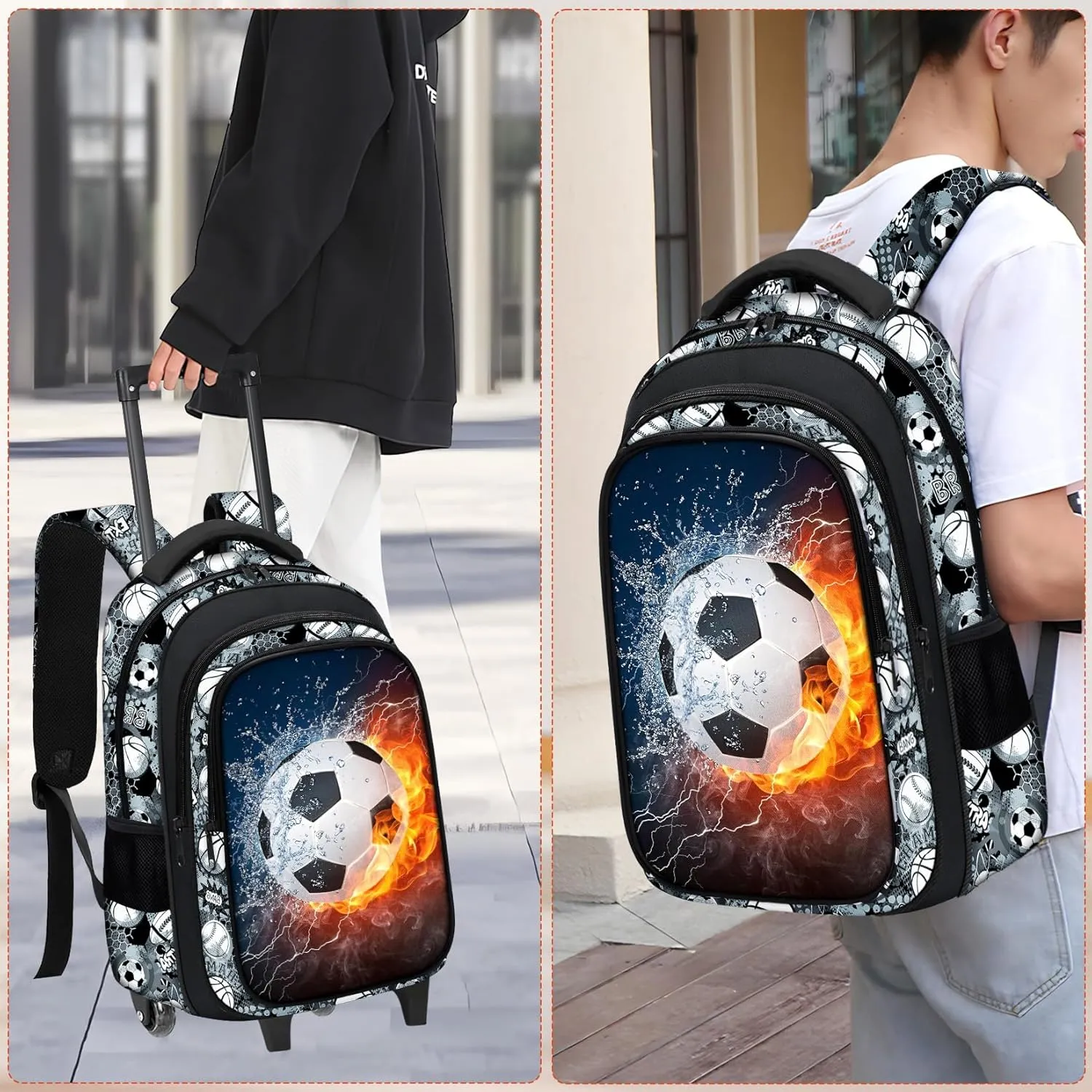 Boys Rolling Backpack for Kids - Soccer Kids Rolling Backpack with Wheels for Elementary Middle School Students - Sport Roller School Bookbag Aged 6-18, Wheeled Travel Bag Large Capacity