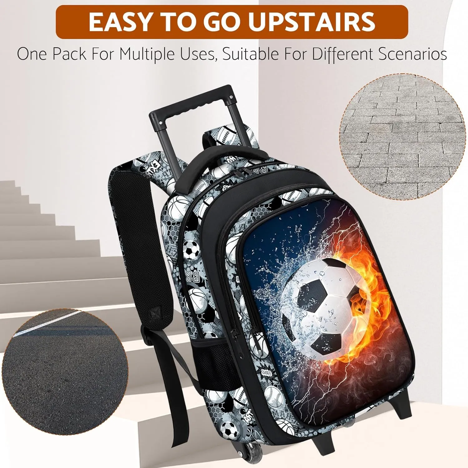 Boys Rolling Backpack for Kids - Soccer Kids Rolling Backpack with Wheels for Elementary Middle School Students - Sport Roller School Bookbag Aged 6-18, Wheeled Travel Bag Large Capacity