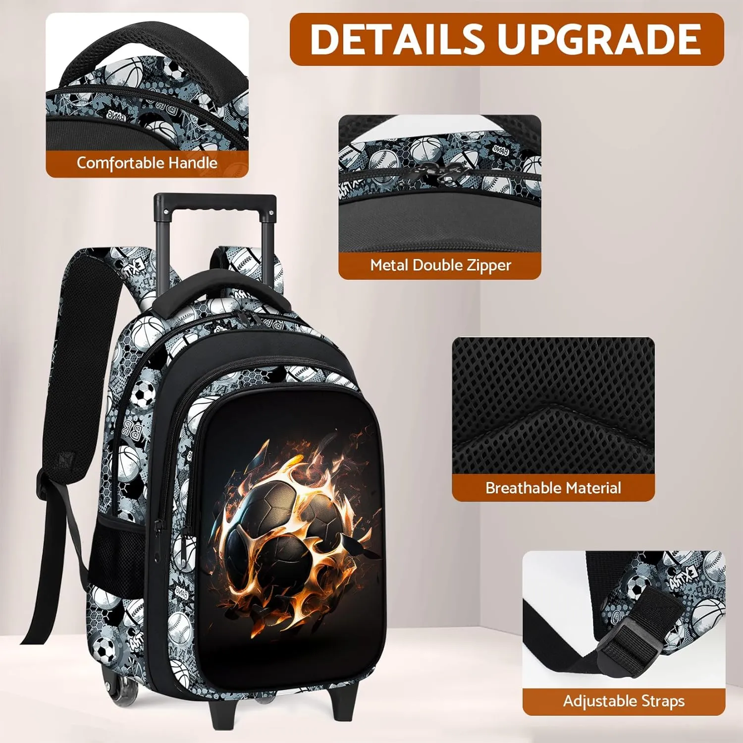 Boys Rolling Backpack for Kids - Soccer Kids Rolling Backpack with Wheels for Elementary Middle School Students - Sport Roller School Bookbag Aged 6-18, Wheeled Travel Bag Large Capacity