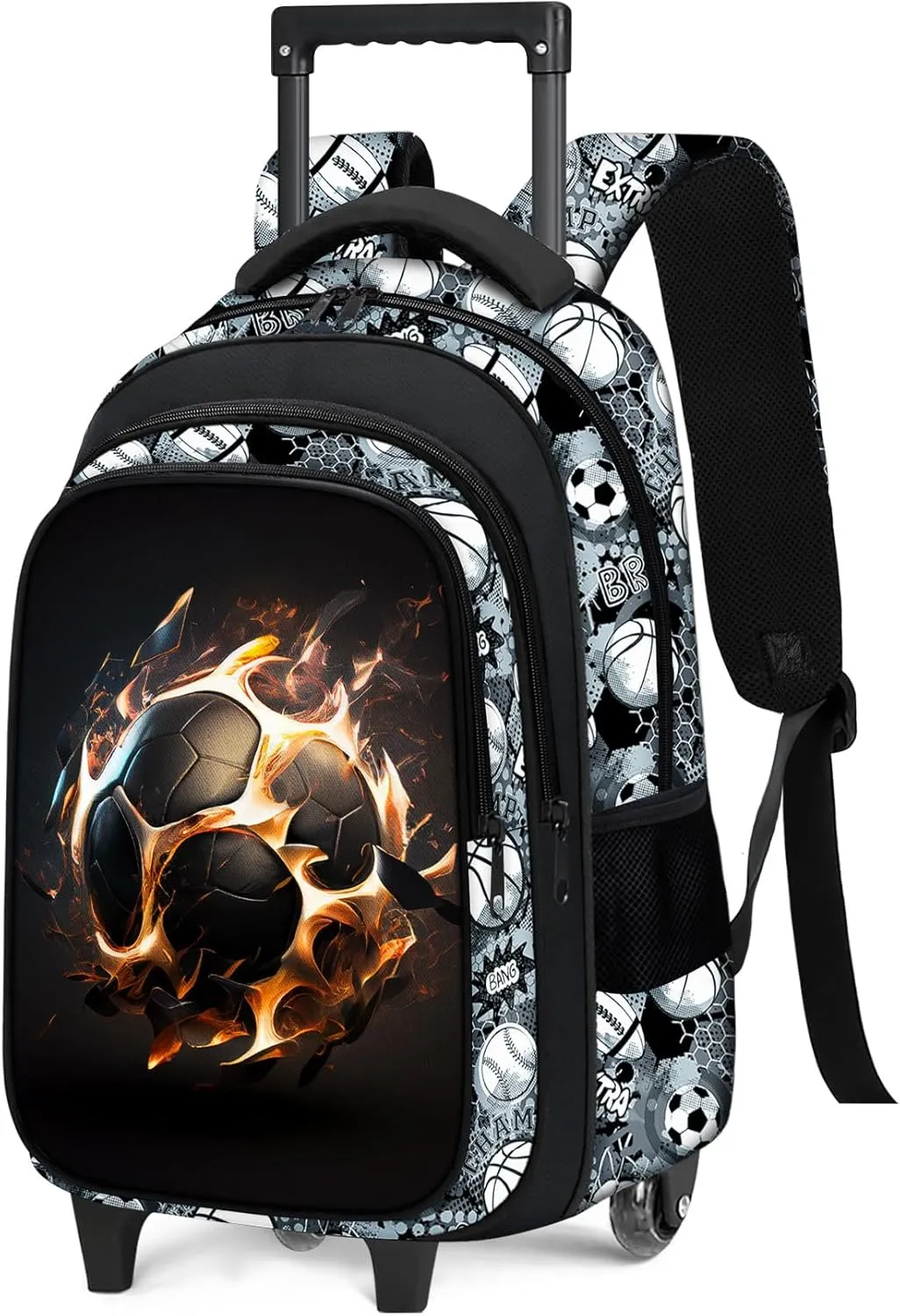 Boys Rolling Backpack for Kids - Soccer Kids Rolling Backpack with Wheels for Elementary Middle School Students - Sport Roller School Bookbag Aged 6-18, Wheeled Travel Bag Large Capacity