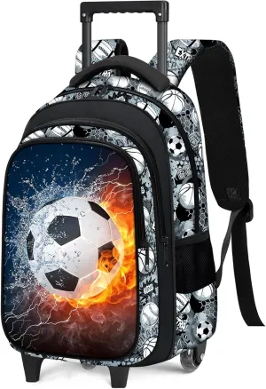Boys Rolling Backpack for Kids - Soccer Kids Rolling Backpack with Wheels for Elementary Middle School Students - Sport Roller School Bookbag Aged 6-18, Wheeled Travel Bag Large Capacity