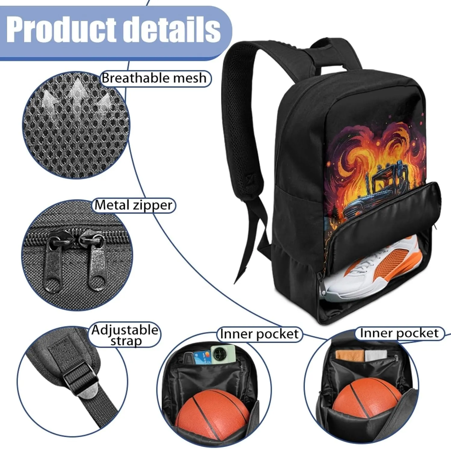 Boys Tractor Sports Backpack for 5-14 Years Kids Flame Equipment Bag,Black Bookbag for Elementary Children Large Capacity Duffle Bags for Soccer Football