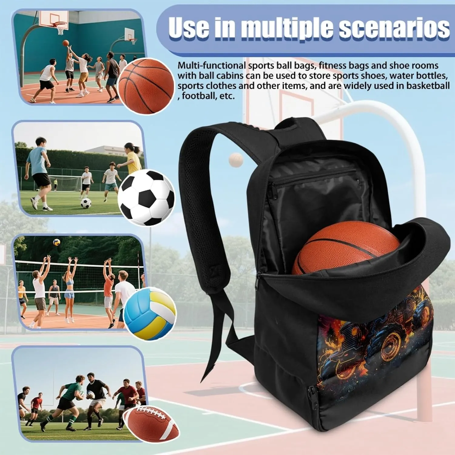Boys Tractor Sports Backpack for 5-14 Years Kids Flame Equipment Bag,Black Bookbag for Elementary Children Large Capacity Duffle Bags for Soccer Football
