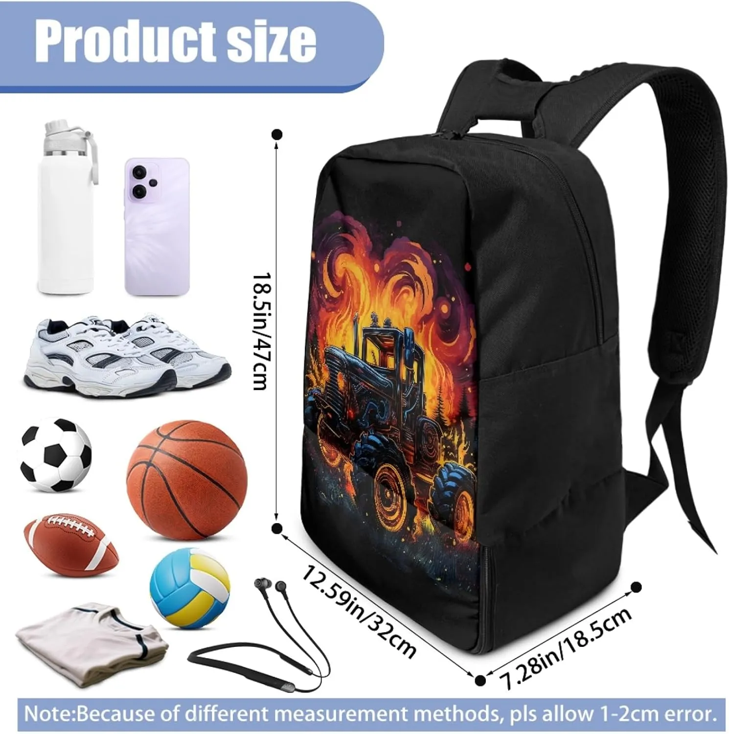 Boys Tractor Sports Backpack for 5-14 Years Kids Flame Equipment Bag,Black Bookbag for Elementary Children Large Capacity Duffle Bags for Soccer Football