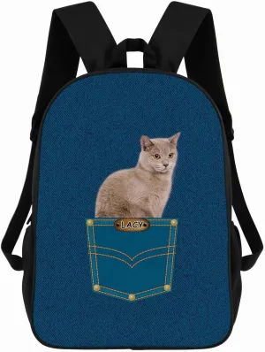 British Shorthair Cat Backpack Bookbag Custom Blue Jeans Print Daypack Laptop Bag for Work Travel Hiking 17 Inch Lightweight Style 3