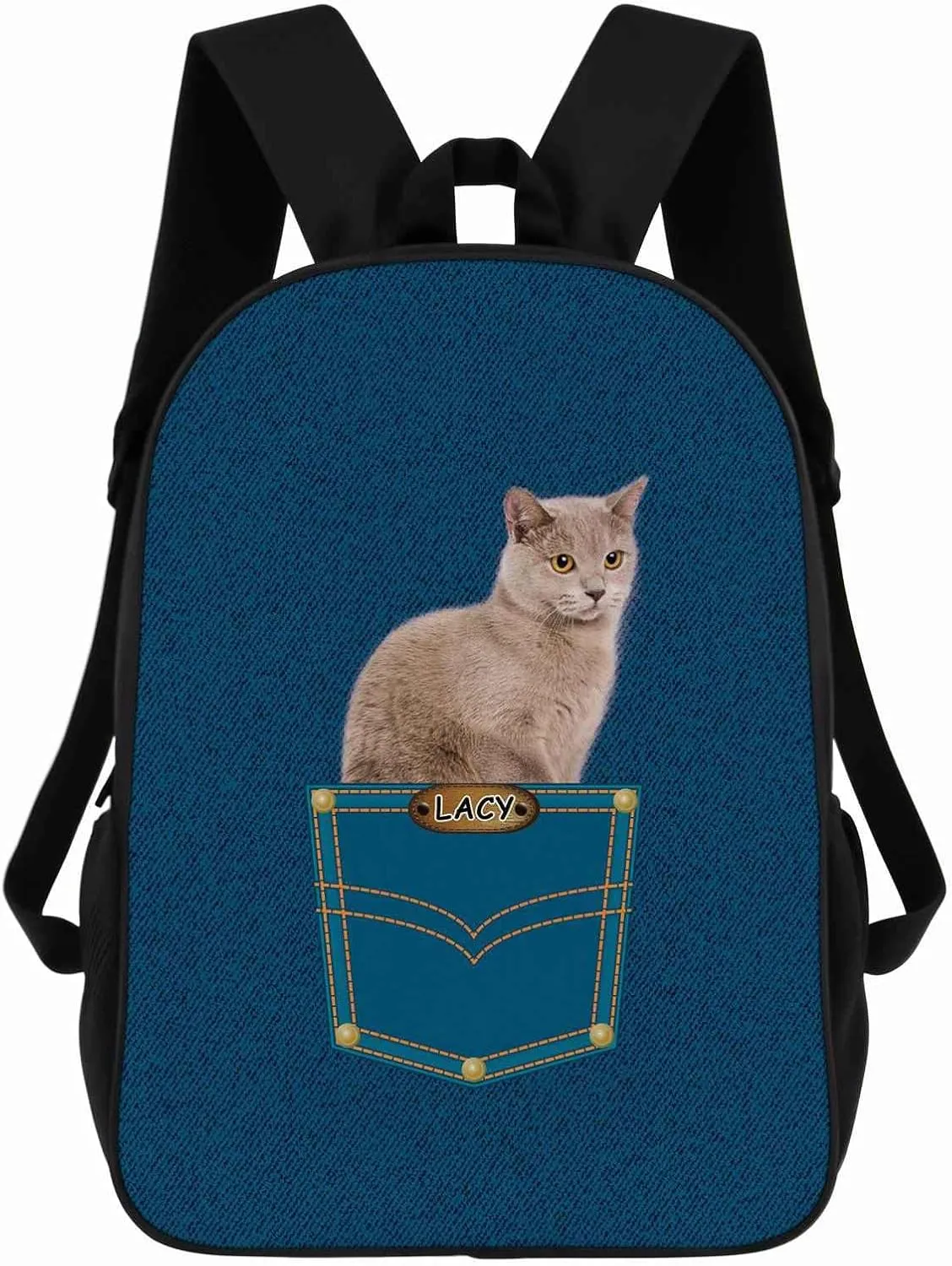 British Shorthair Cat Backpack Bookbag Custom Blue Jeans Print Daypack Laptop Bag for Work Travel Hiking 17 Inch Lightweight Style 3