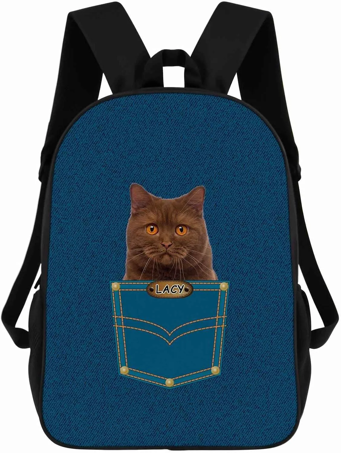 British Shorthair Cat Backpack Bookbag Custom Blue Jeans Print Daypack Laptop Bag for Work Travel Hiking 17 Inch Lightweight Style 4