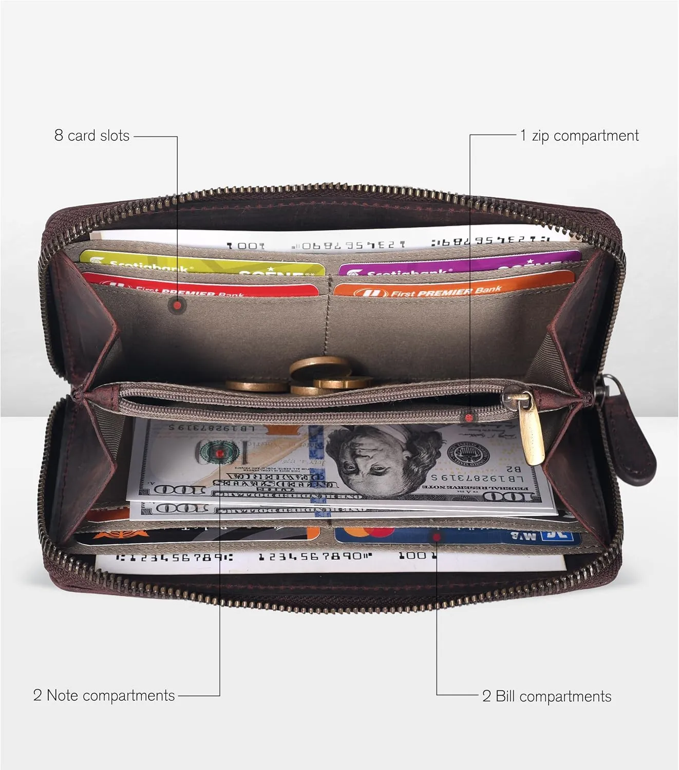 Brown Leather Wallet for Women - RFID Womens Wallet Clutch with 8 Credit Card Holder, Coin Pocket
