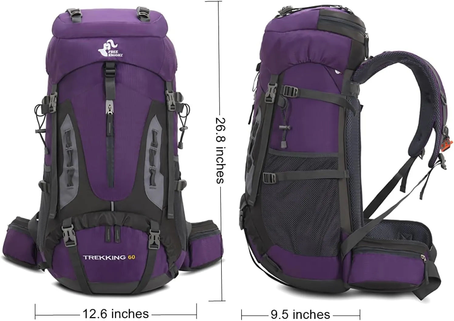 Bseash 60L Hiking Camping Backpack with Rain Cover, Waterproof Large Capacity Outdoor Sport Travel Daypack Climbing Touring (Purple)