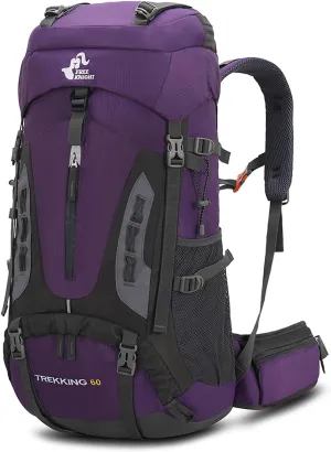 Bseash 60L Hiking Camping Backpack with Rain Cover, Waterproof Large Capacity Outdoor Sport Travel Daypack Climbing Touring (Purple)