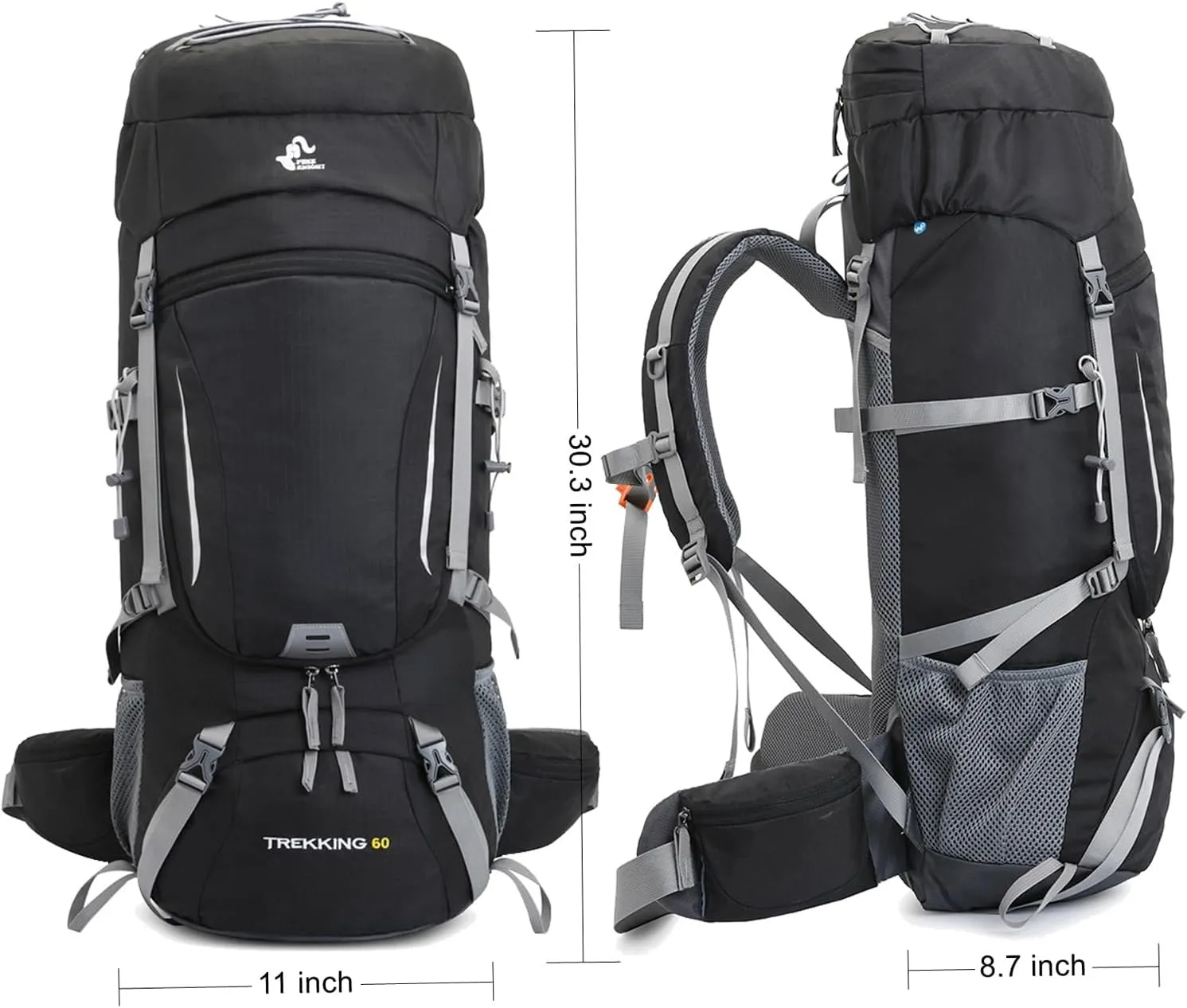 Bseash 60L Waterproof Hiking Camping Backpack with Rain Cover, Lightweight Outdoor Sport Travel Daypack for Climbing Touring (Black)