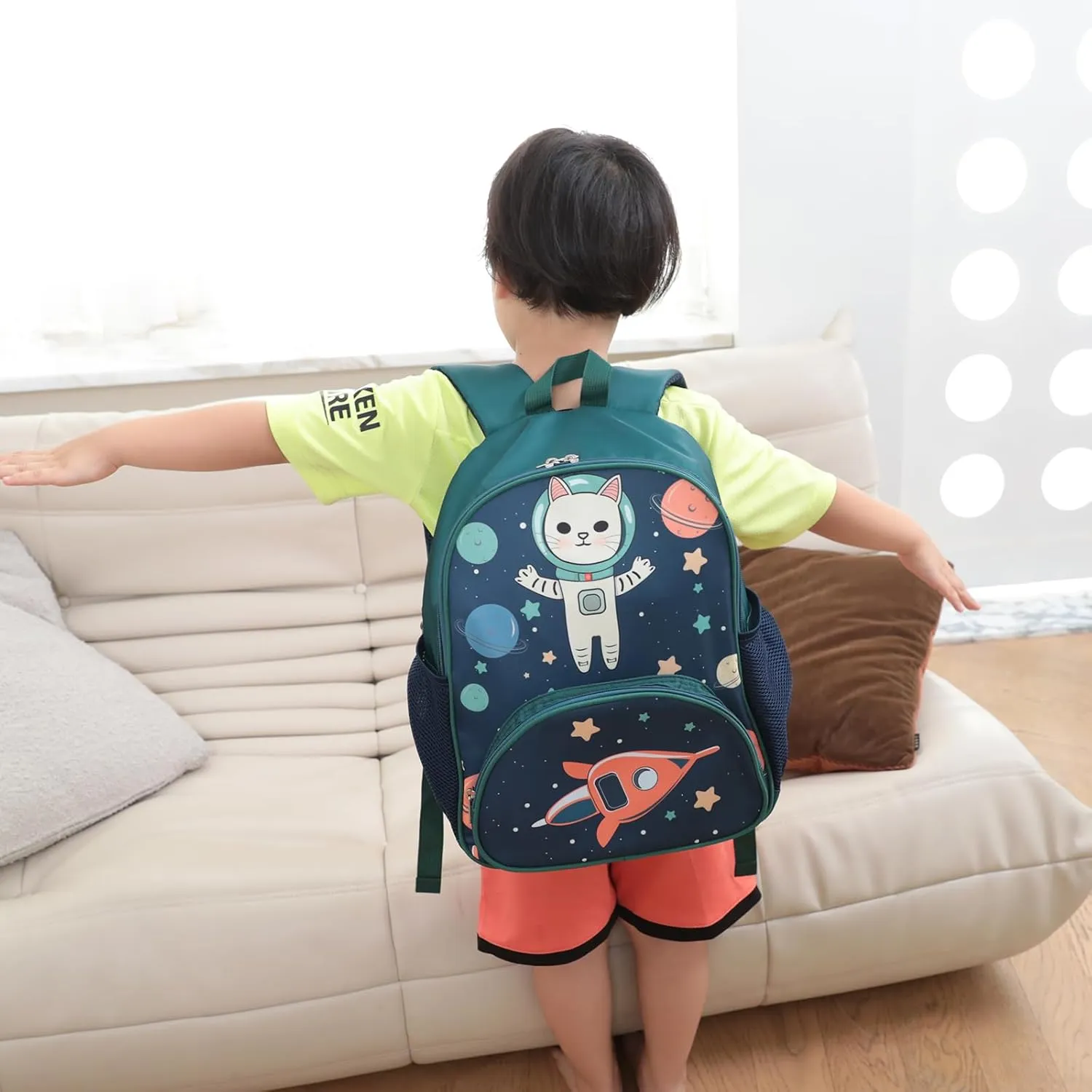 BTOOP Kids Backpack for Preschool Boys Space Kindergarten Bookbag 15 inch Toddler Travel School Bag Fits Age 3-8 (Space cat-Green)