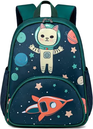 BTOOP Kids Backpack for Preschool Boys Space Kindergarten Bookbag 15 inch Toddler Travel School Bag Fits Age 3-8 (Space cat-Green)