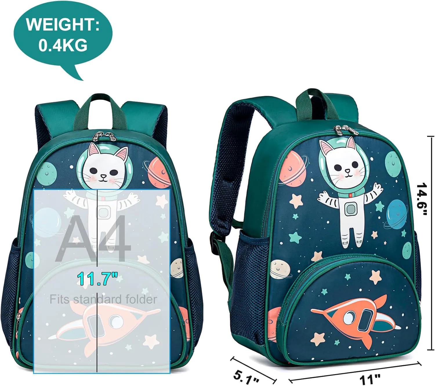 BTOOP Kids Backpack for Preschool Boys Space Kindergarten Bookbag 15 inch Toddler Travel School Bag Fits Age 3-8 (Space cat-Green)