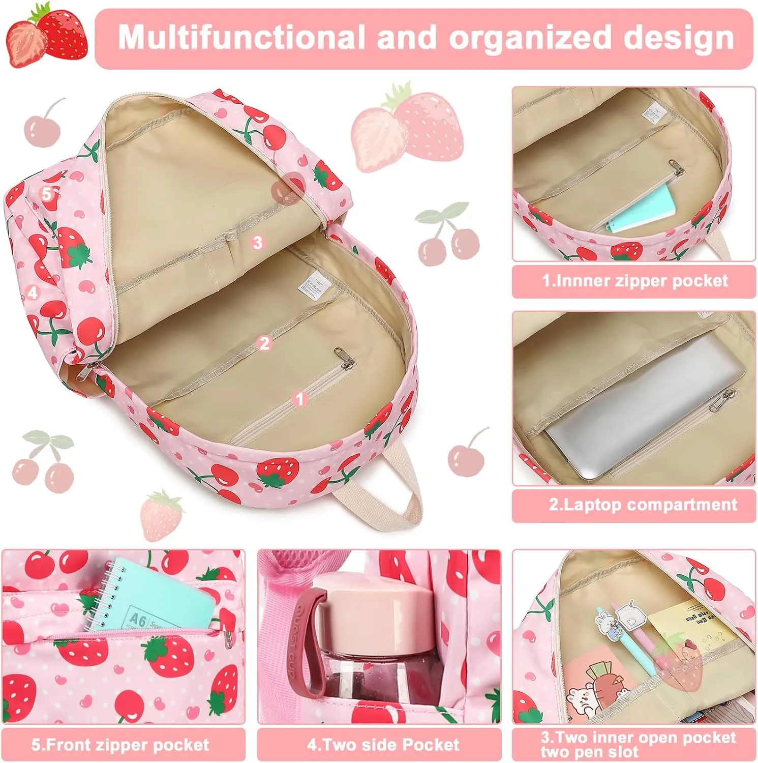 BTOOP Kids Backpack for Preschool Girls Strawberry Cherry Kindergarten Bookbag 15 inch Toddler Travel School Bag Fits Age 3-8
