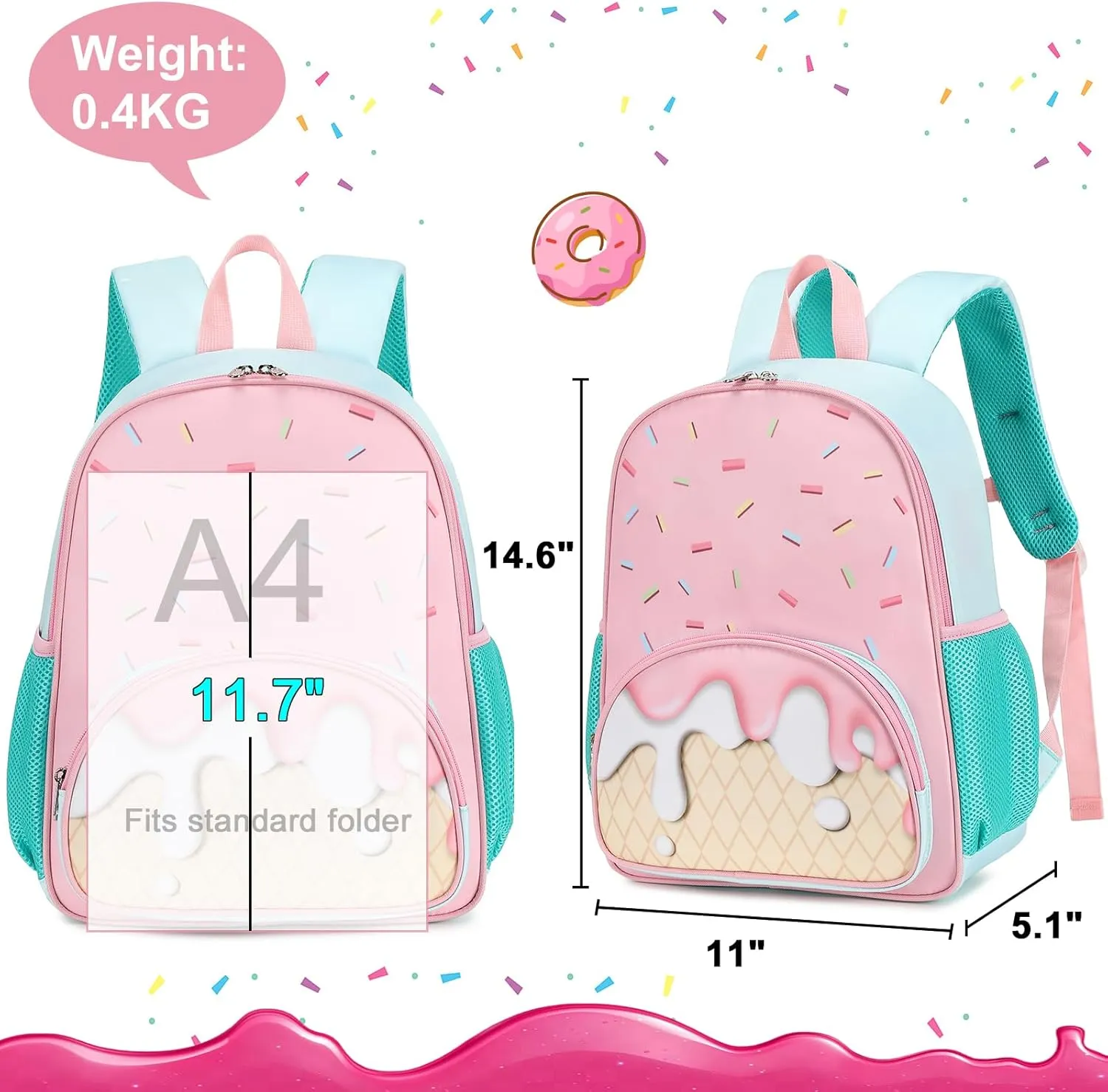 BTOOP Kids Toddler Backpack Girls School Backpack Preschool Ice Cream BookBag Preschool Kindergarten School Bag