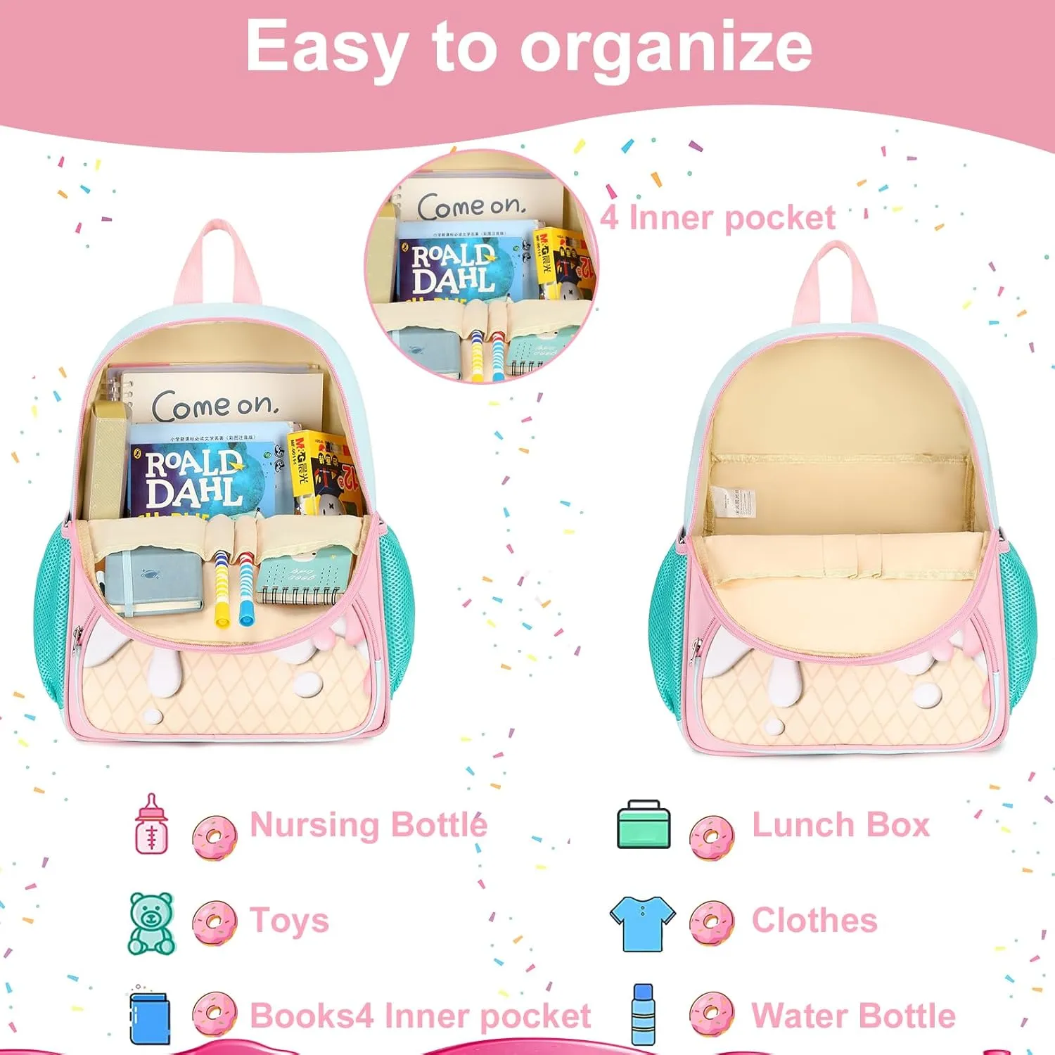 BTOOP Kids Toddler Backpack Girls School Backpack Preschool Ice Cream BookBag Preschool Kindergarten School Bag