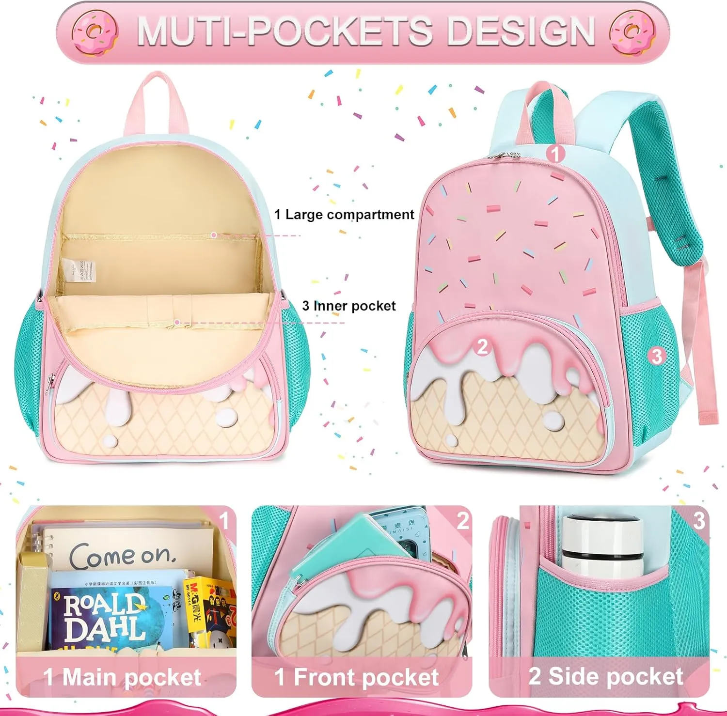 BTOOP Kids Toddler Backpack Girls School Backpack Preschool Ice Cream BookBag Preschool Kindergarten School Bag