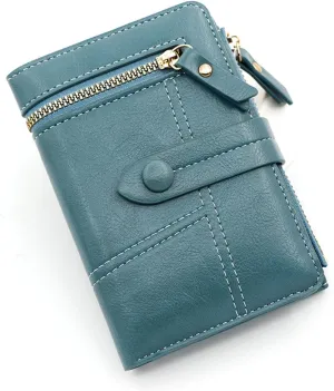 Buckle Zipper Short Women's Purse Large Capacity Multi-card Wallet(Blue)