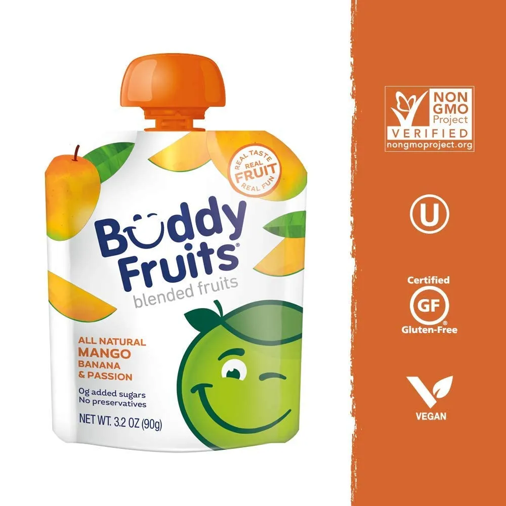 Buddy Fruits Snacks To Go Mango Unsweetened Applesauce 3.2oz Pouch (18pk) Gluten-Nut-Dairy-Preservatives-BPA Free, Non GMO, Kosher