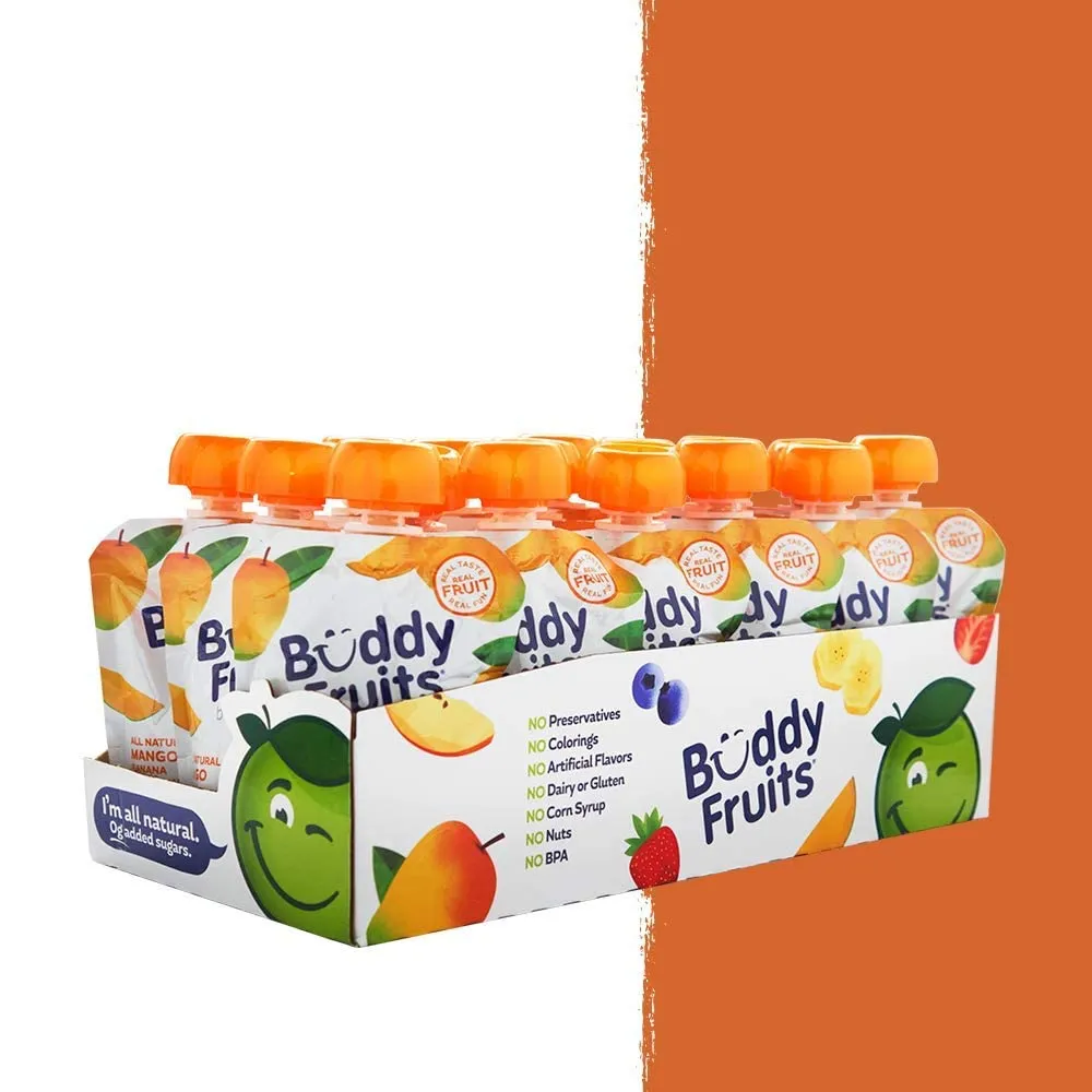 Buddy Fruits Snacks To Go Mango Unsweetened Applesauce 3.2oz Pouch (18pk) Gluten-Nut-Dairy-Preservatives-BPA Free, Non GMO, Kosher