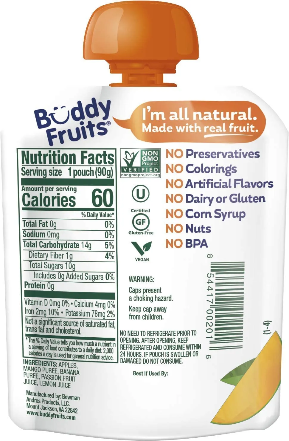 Buddy Fruits Snacks To Go Mango Unsweetened Applesauce 3.2oz Pouch (18pk) Gluten-Nut-Dairy-Preservatives-BPA Free, Non GMO, Kosher