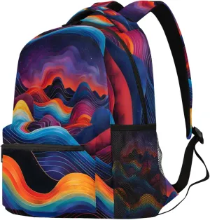 Budxapjw Colorful Waves Travel Laptop Backpack for Women Men Cartoon Waves Waterproof Bag with Adjustable Padded Shoulder Straps for Business Work Travel Hiking Camping