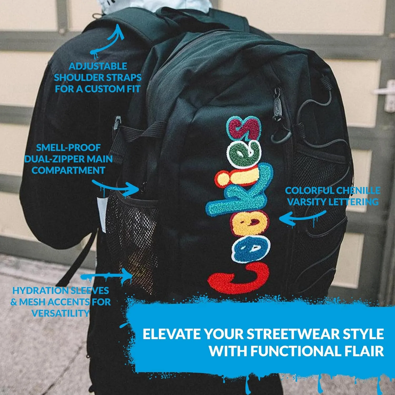 Bungee Smell Proof Backpack – Large Odorless Travel Backpack for Men & Women, Carry-On, Work, Stylish & Spacious Bag - Black