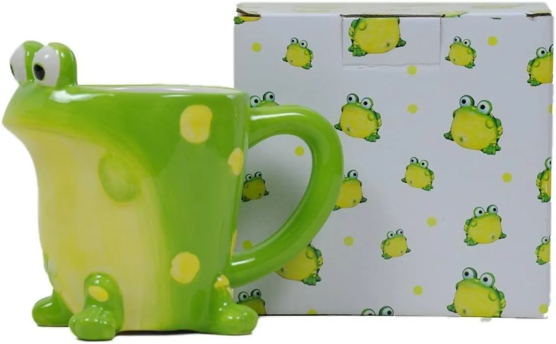Burton Frog Coffee Mug with Gift Box, Green Porcelain Ceramic Cup with Large Handle, 10 oz Capacity