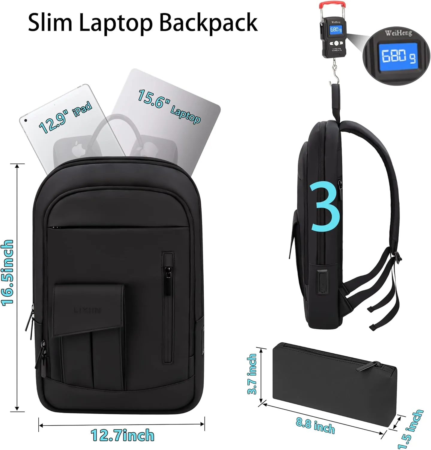 Business Backpack for Men Slim Lightweight Laptop Backpack Water Resistant Small Office Backpack for Commute Travel Daily Office Work with Small Bag