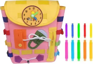 Busy Board Toddler Backpack, Felt Toddler Backpack with Learning Activity Toys for Boys Girls, Colorful Interactive Kids Backpack, Fun Felt Toy for School, Travel (Pink)