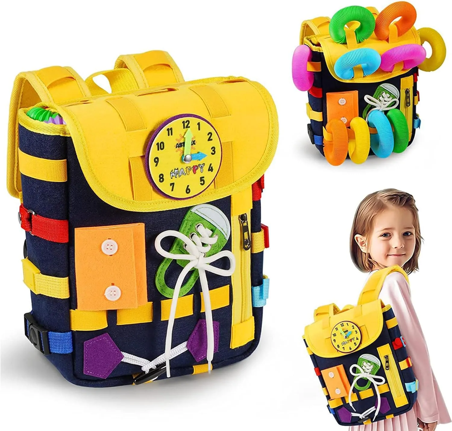 Busy Board Toddler Backpack, Felt Toddler Backpack with Learning Activity Toys for Boys Girls, Colorful Interactive Kids Backpack, Fun Felt Toy for School, Travel (Pink)