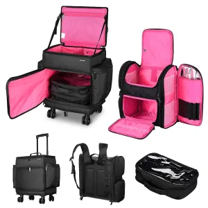BYOOTIQUE Rolling Hairdresser Organizer Case with Hair Tools Travel Bag Backpack for Hair Stylist Tools Curling Iron Hair Straightener Salon Barber Shop, Pink