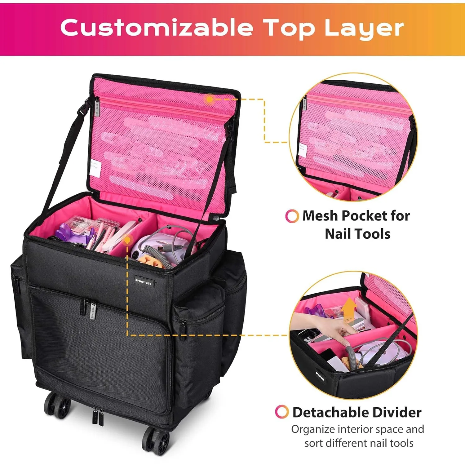 BYOOTIQUE Rolling Hairdresser Organizer Case with Hair Tools Travel Bag Backpack for Hair Stylist Tools Curling Iron Hair Straightener Salon Barber Shop, Pink