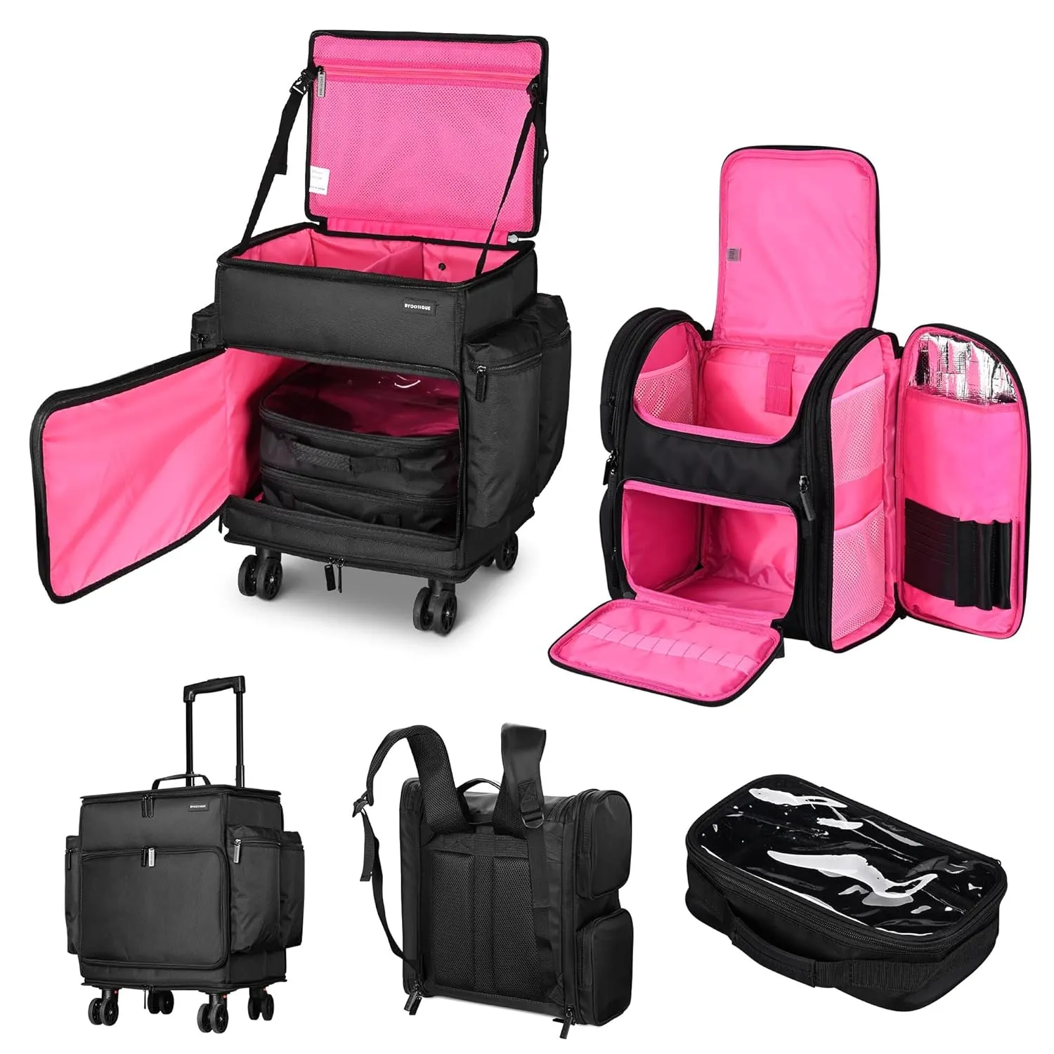 BYOOTIQUE Rolling Hairdresser Organizer Case with Hair Tools Travel Bag Backpack for Hair Stylist Tools Curling Iron Hair Straightener Salon Barber Shop, Pink